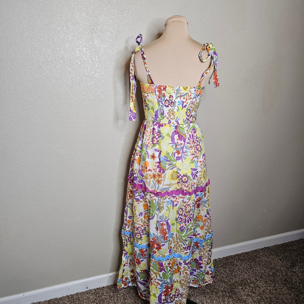 Fate Floral Tie Shoulder Ric Rac Trim Tiered Cotton Maxi Dress Small Multi Color - Picture 6 of 10